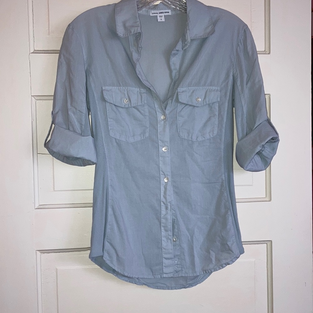 James Perse supima cotton contrast ribbed surplus shirt size 2 celadon green